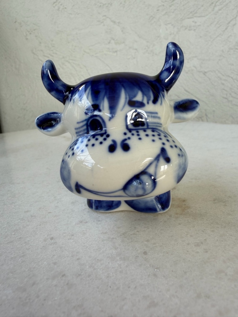 Vintage 1996 hand-painted porcelain Gzhel Blue & White Ceramic Cow Figurine